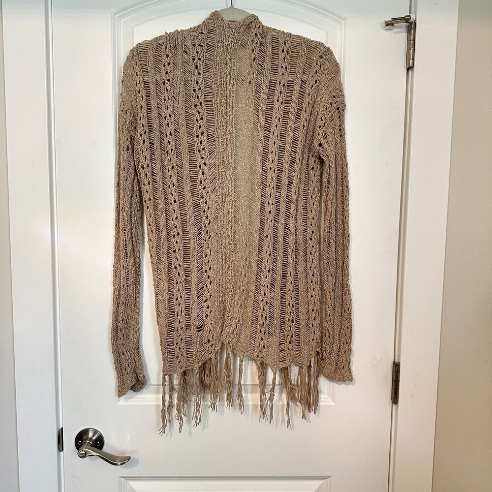 Fresh 525 America Boho Open Knit Fringe Cardigan Sweater Sand Beige Medium - Picture 3 of 10